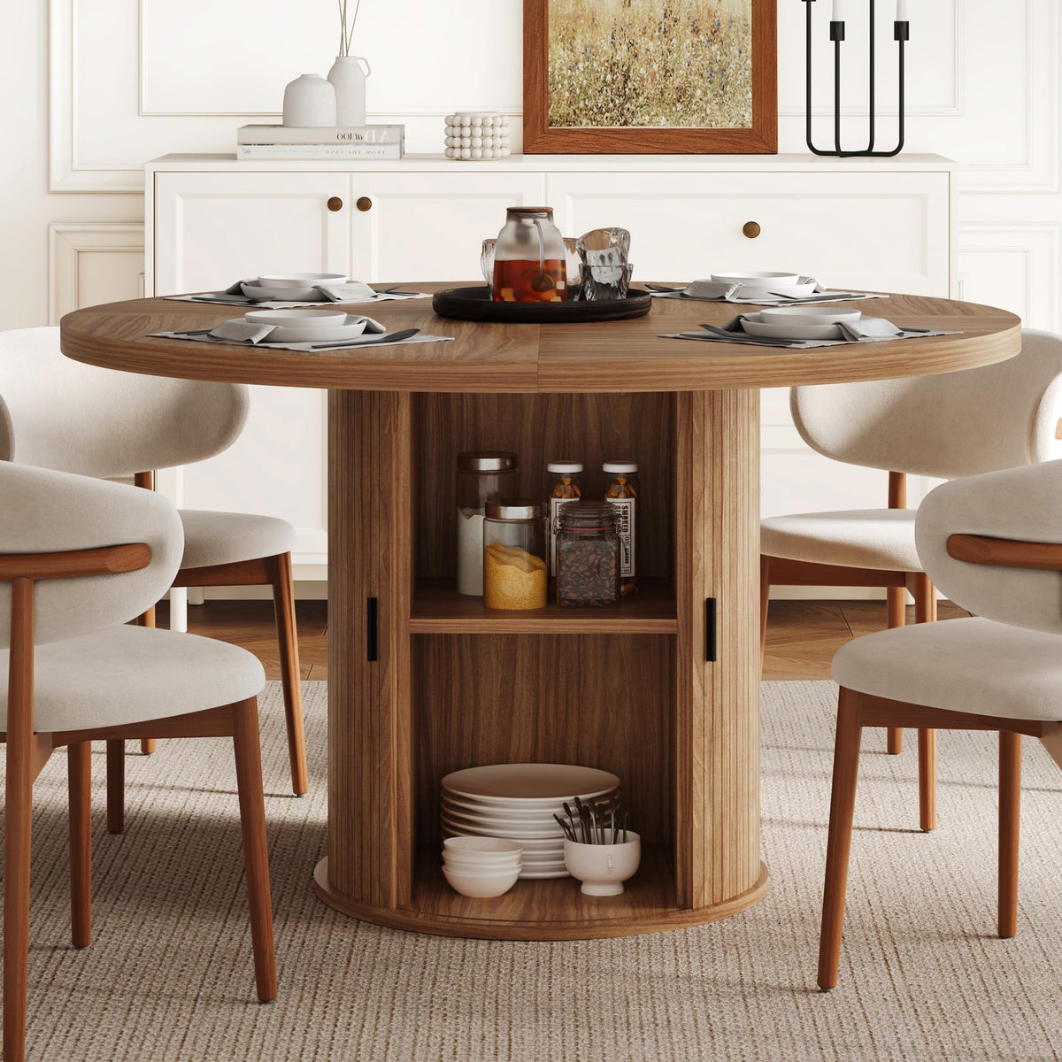 47 inch Round Dining Table for 4-6, Dinner Table with 2-Layer Storage Shelf, Morden Circle Kitchen Table with Wooden Strip Base and Wood Slide Door for Home Dining Room, Living Room, Walnut