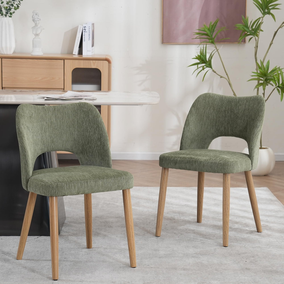 Modern Dining Chairs Set of 4, Upholstered Fabric Kitchen Chairs with Butterfly Hollow Back, Solid Wood Legs, Easy Assembly, Farmhouse Style for Kitchen & Dining Room, Green