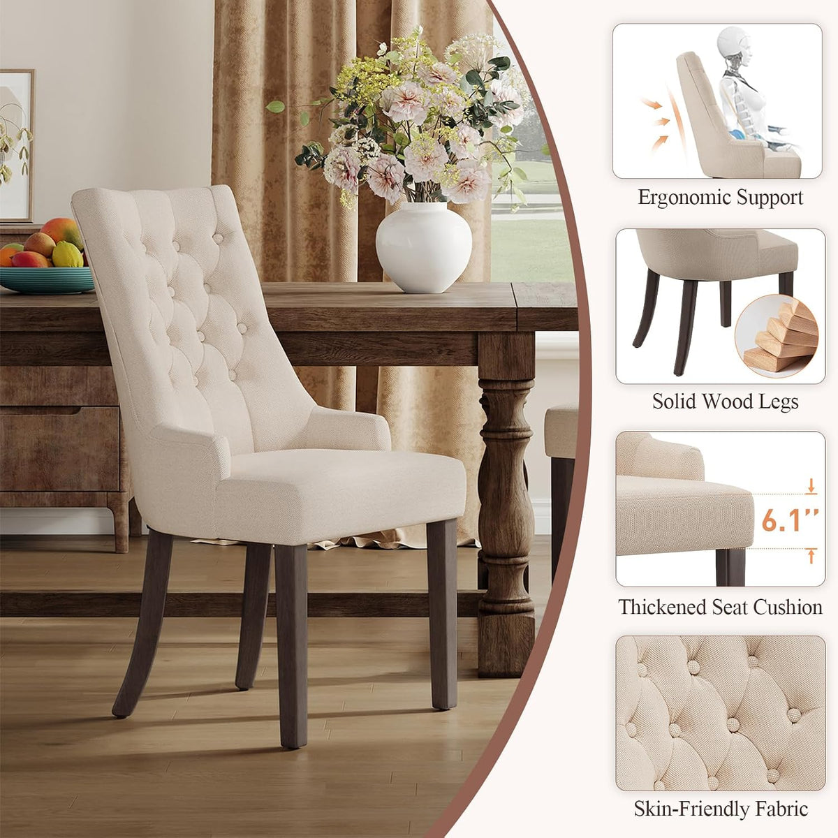 COLAMY Wingback Upholstered Dining Chairs Set of 4, Fabric Side Dining Room Chairs with Tufted Button, Living Room Chairs for Home Kitchen Resturant- Beige
