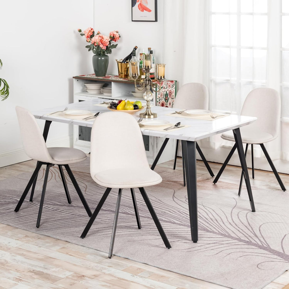 Homy Casa 63-Inch Dining Table Rectangular Kitchen Table for 4-6, Dining Room Table with Wooden Top and Metal Legs, White Marble