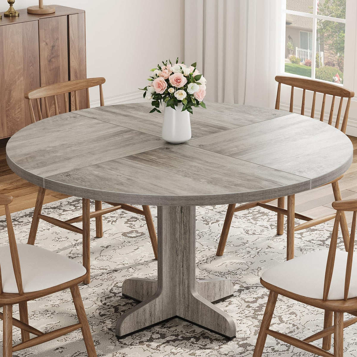 47" Round Dining Table for 4, Farmhouse Kitchen Dining Room Table, Grey
