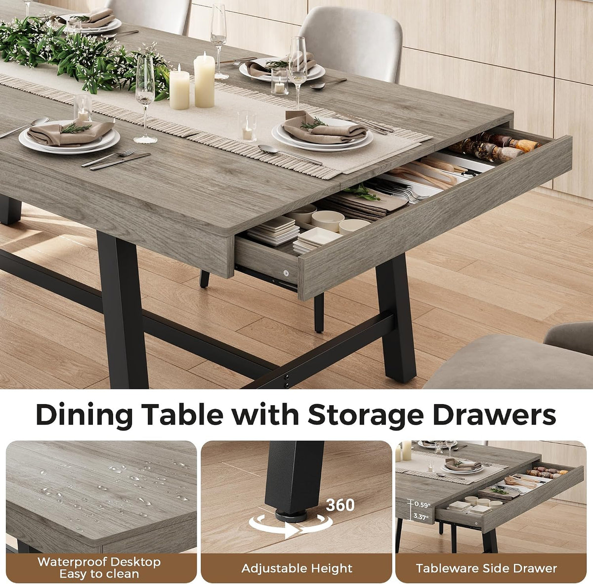 Industrial Dining Table for 6, 70.9" Rectangular Kitchen Table with Hidden 2 Storage Drawers, Wooden Dining Room Table with Heavy Duty Metal Frame, Kitchen & Dining Room Table for 6-8 People, Grey