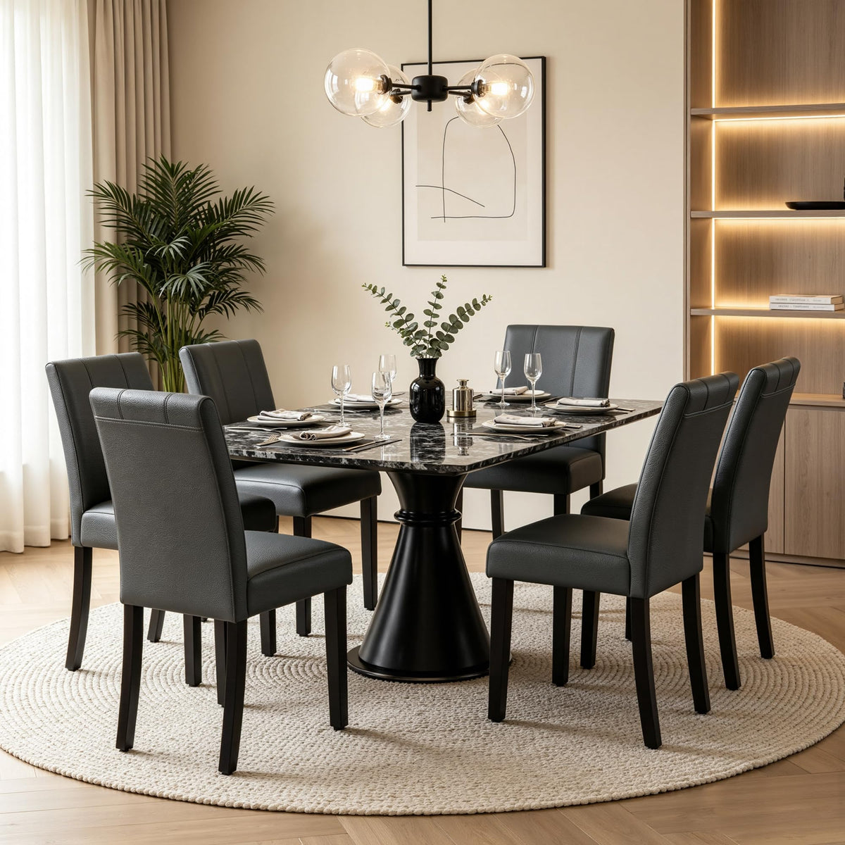 CHUN YI Dining Chairs Set of 4, Faux Leather Dining Room Chairs, Upholstered Modern Kitchen Parsons Chairs for Dining Room with Sturdy Wood Legs, Black (Only Chair)
