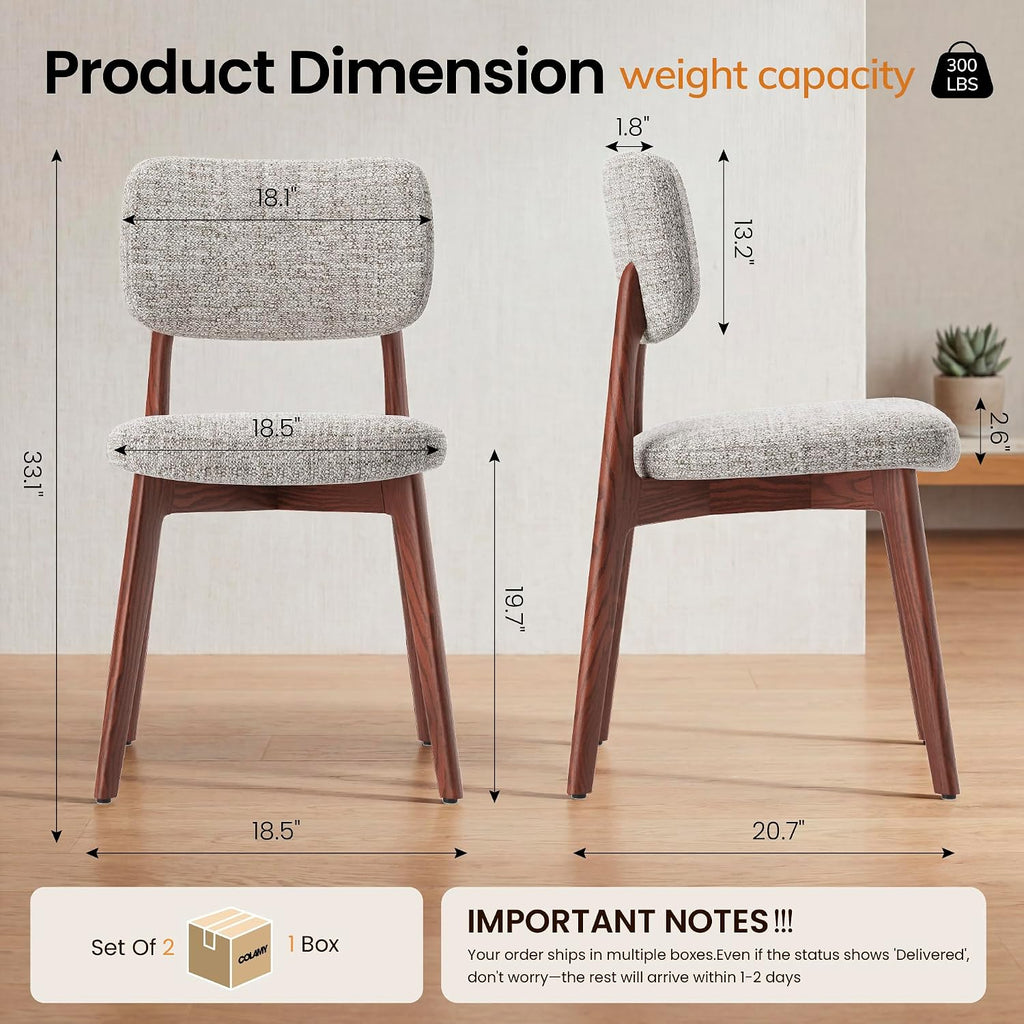 COLAMY Dining Chairs Set of 2, Mid Century Modern Upholstered Kitchen Chairs with Solid Red Oak Wood Legs, Textured Fabric Dining Room Accent Chairs for Small Spaces, 300 lbs Capacity,Walnut,Oatmeal