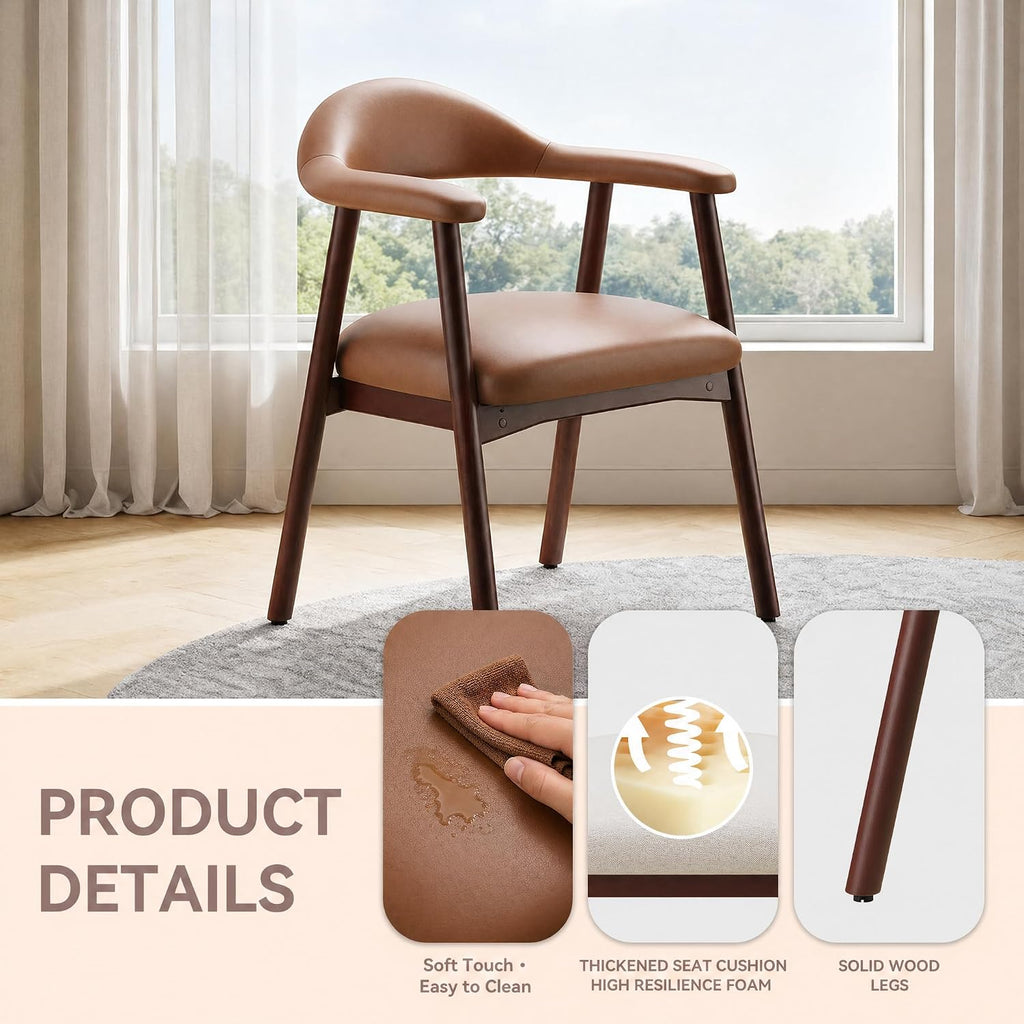 MALOL Leather Dining Chair with Armrest Set of 4, Upholstered Dining Room Chair with Curved Back and Wood Legs, Mid Century Modern Kitchen Chairs for Kitchen Dining Room,Brown