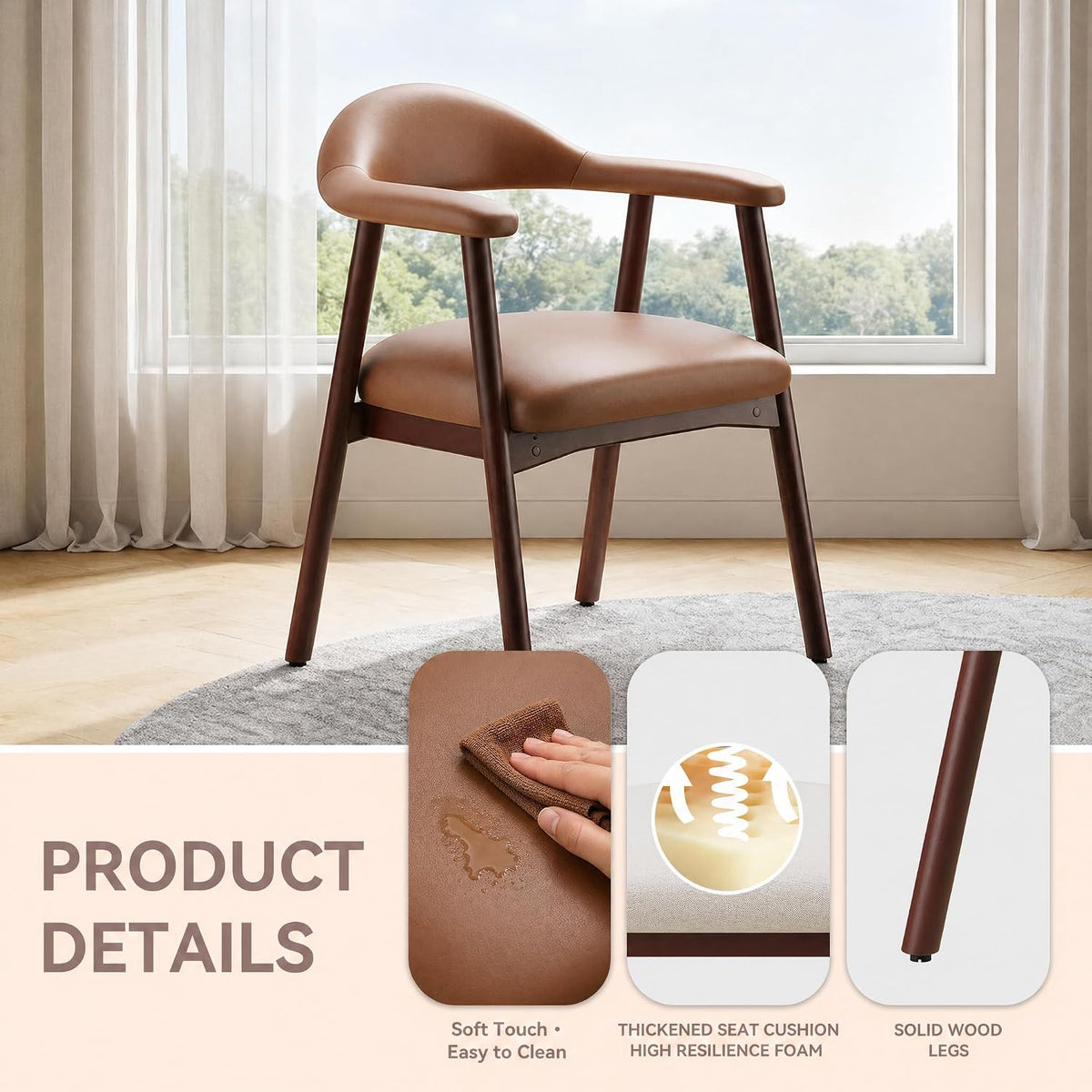 MALOL Leather Dining Chair with Armrest Set of 4, Upholstered Dining Room Chair with Curved Back and Wood Legs, Mid Century Modern Kitchen Chairs for Kitchen Dining Room,Brown