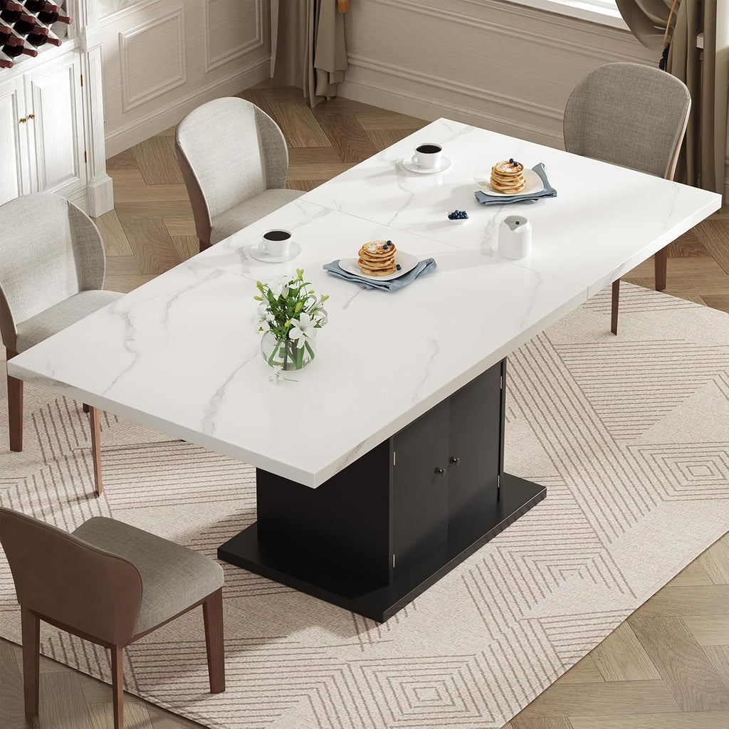 Extendable Rectangle Dining Table for 4-6, 47-63 Inch Faux Marble Kitchen Table with Storage Shelves and Wine Rack, Expandable Modern Rectangular Dinner Table for Kitchen, Dining Room, Black Pedestal