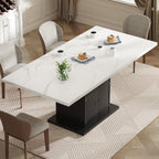 Extendable Rectangle Dining Table for 4-6, 47-63 Inch Faux Marble Kitchen Table with Storage Shelves and Wine Rack, Expandable Modern Rectangular Dinner Table for Kitchen, Dining Room, Black Pedestal