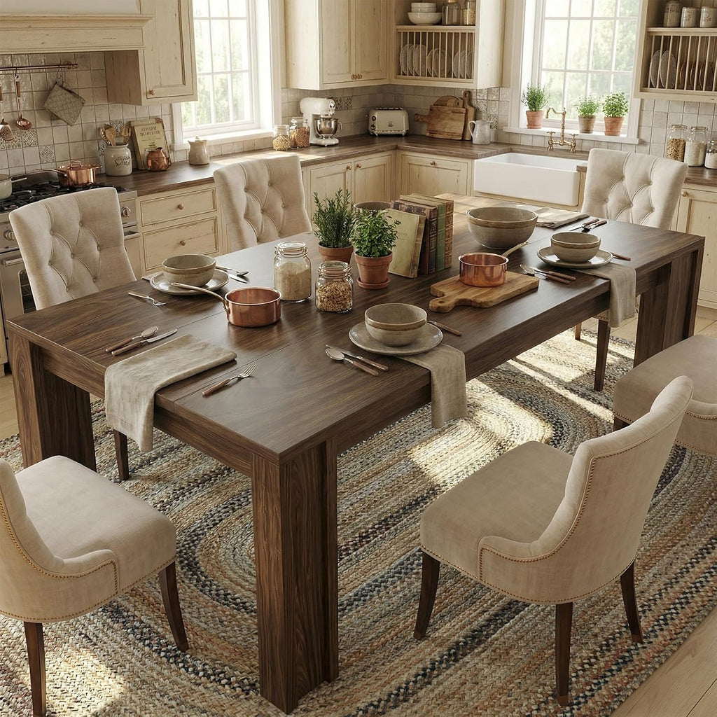 Garvee 71" Farmhouse Dining Table for 4-6, Kitchen Table w/Thick Tabletop, Wood Strip Base, Wider Legs, Large Rectangular Dining Room Table for Kitchen, Apartment & Family Gatherings, Walnut