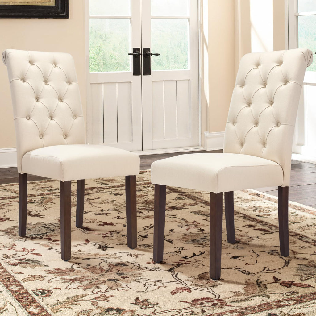 COLAMY Button Tufted Dining Chairs Set of 4, Parsons Upholstered Fabric Dining Room Chairs Kitchen Chairs with Wood Legs and Padded Seat, Taupe