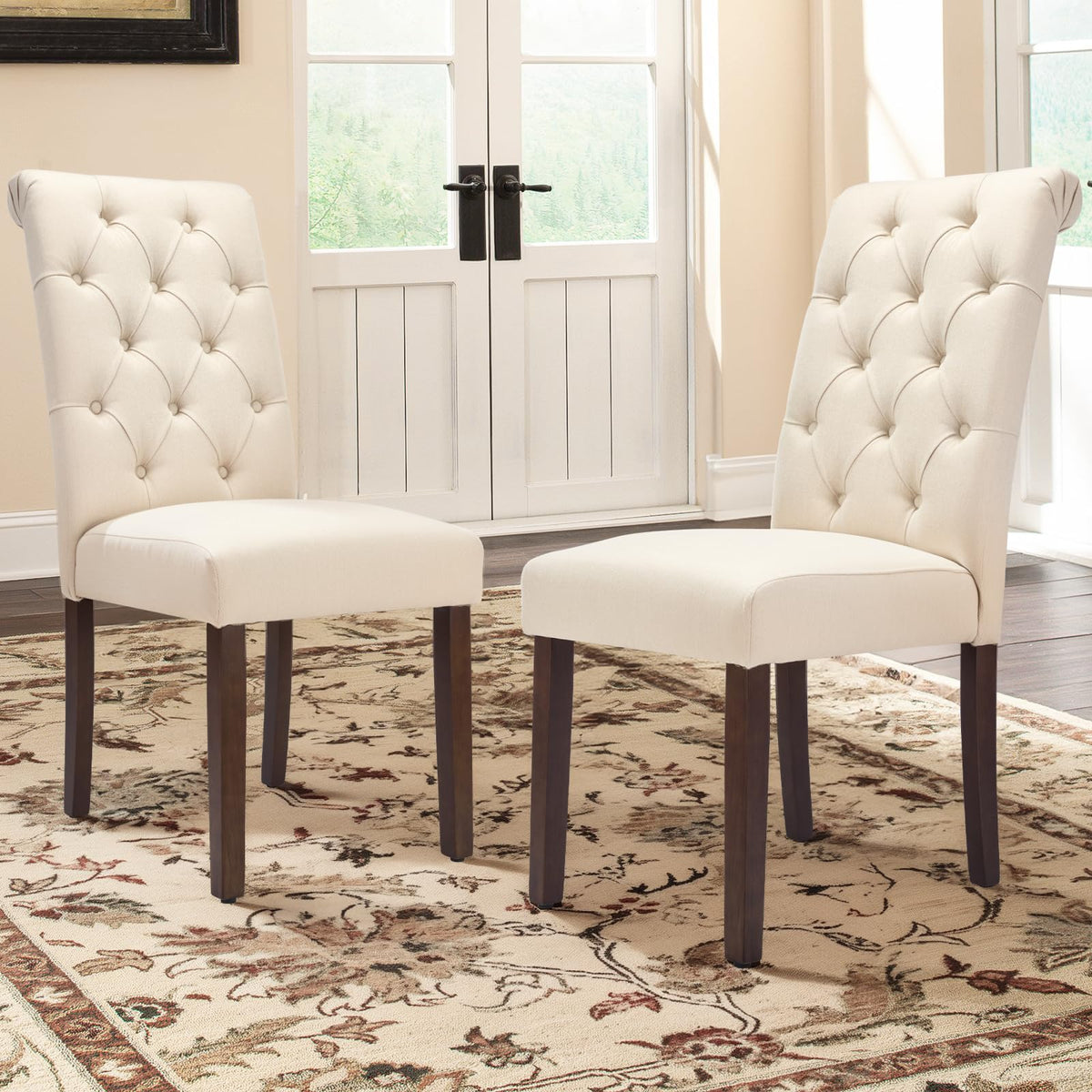 COLAMY Button Tufted Dining Chairs Set of 4, Parsons Upholstered Fabric Dining Room Chairs Kitchen Chairs with Wood Legs and Padded Seat, Taupe
