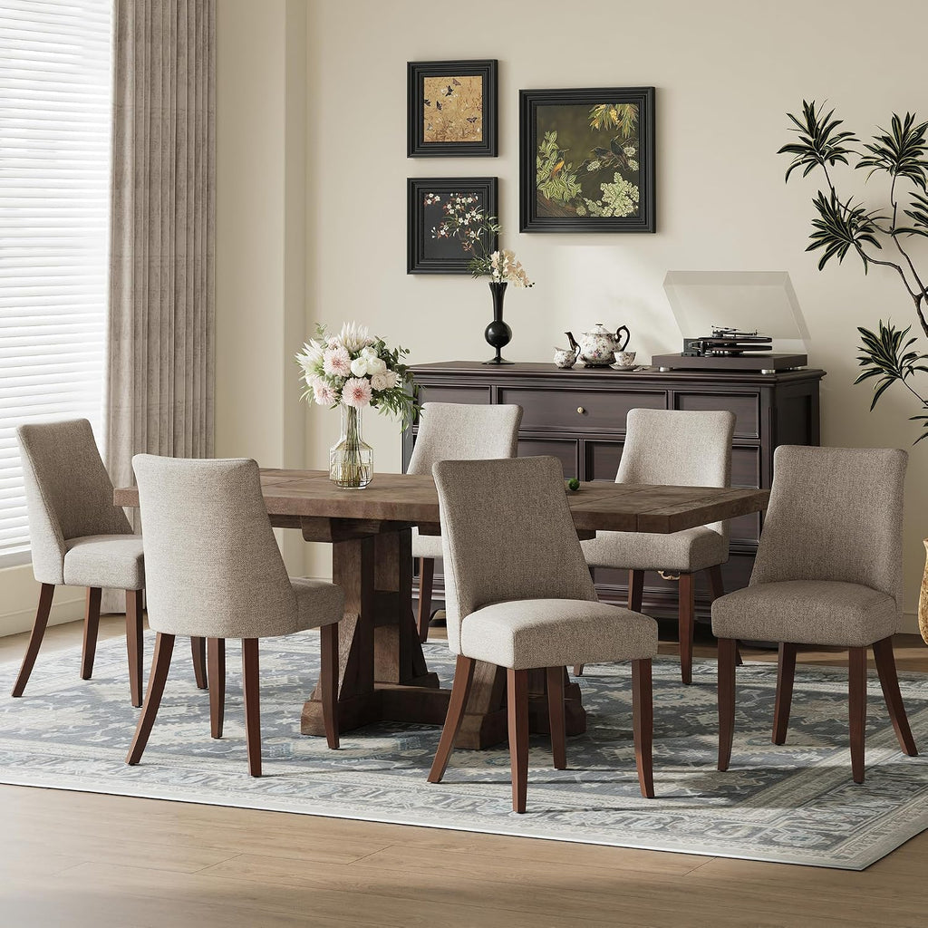 COLAMY Upholstered Dining Chairs Set of 6, Mid Century Modern Kitchen Chairs with Back, Farmhouse Fabric Side Dining Room Chairs with Wood Legs for Dining Room Restaurant, Brown