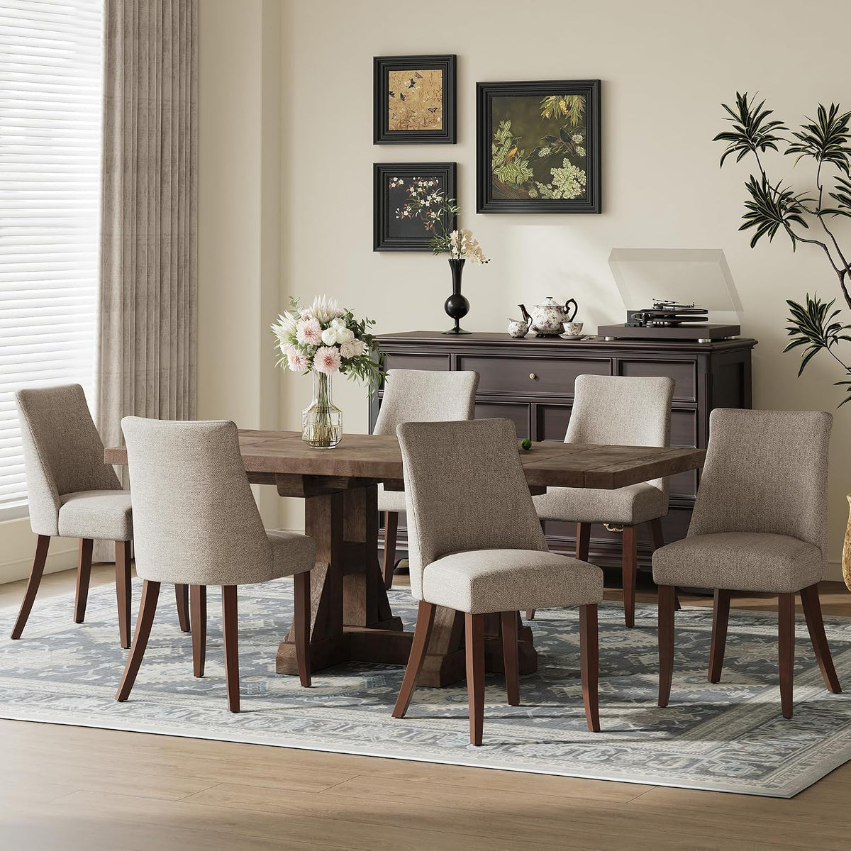 COLAMY Upholstered Dining Chairs Set of 6, Mid Century Modern Kitchen Chairs with Back, Farmhouse Fabric Side Dining Room Chairs with Wood Legs for Dining Room Restaurant, Brown