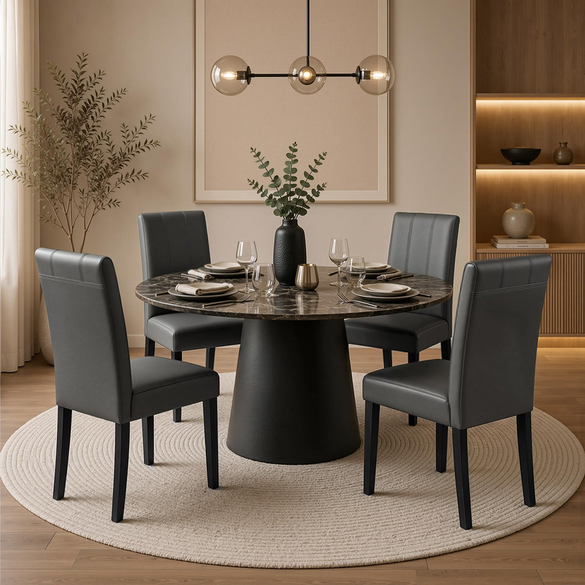 CHUN YI Dining Chairs Set of 4, Faux Leather Dining Room Chairs, Upholstered Modern Kitchen Parsons Chairs for Dining Room with Sturdy Wood Legs, Black (Only Chair)