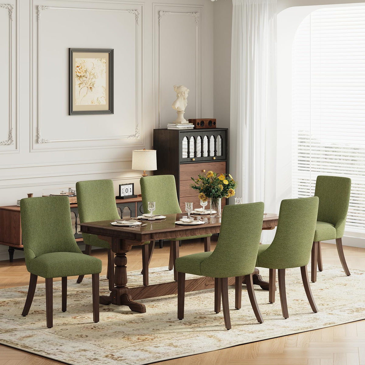 MALOL Wooden Dining Chairs Set of 6, Upholstered Kitchen & Dining Room Chairs with Solid Wood Legs Curved Backrest Farmhouse Accent Chair for Dining/Kitchen/Living Room, Camel