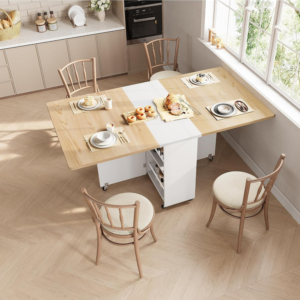 Jocoevol Space Saving Folding Dining Table for 4, Foldable Dining Table with Drawer and Storage Shelf, 6 Wheels Drop Leaf Kitchen Dining Room Table for Small Space (Natural, 47.2" x 23.6" x 29.9")