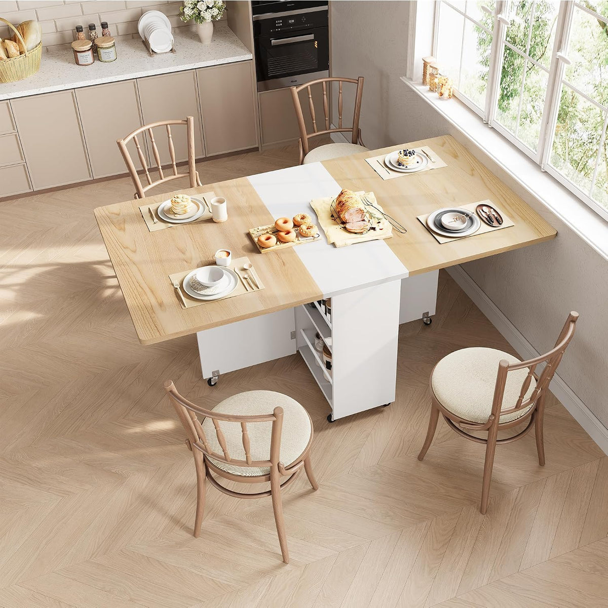 Jocoevol Space Saving Folding Dining Table for 4, Foldable Dining Table with Drawer and Storage Shelf, 6 Wheels Drop Leaf Kitchen Dining Room Table for Small Space (Natural, 47.2" x 23.6" x 29.9")