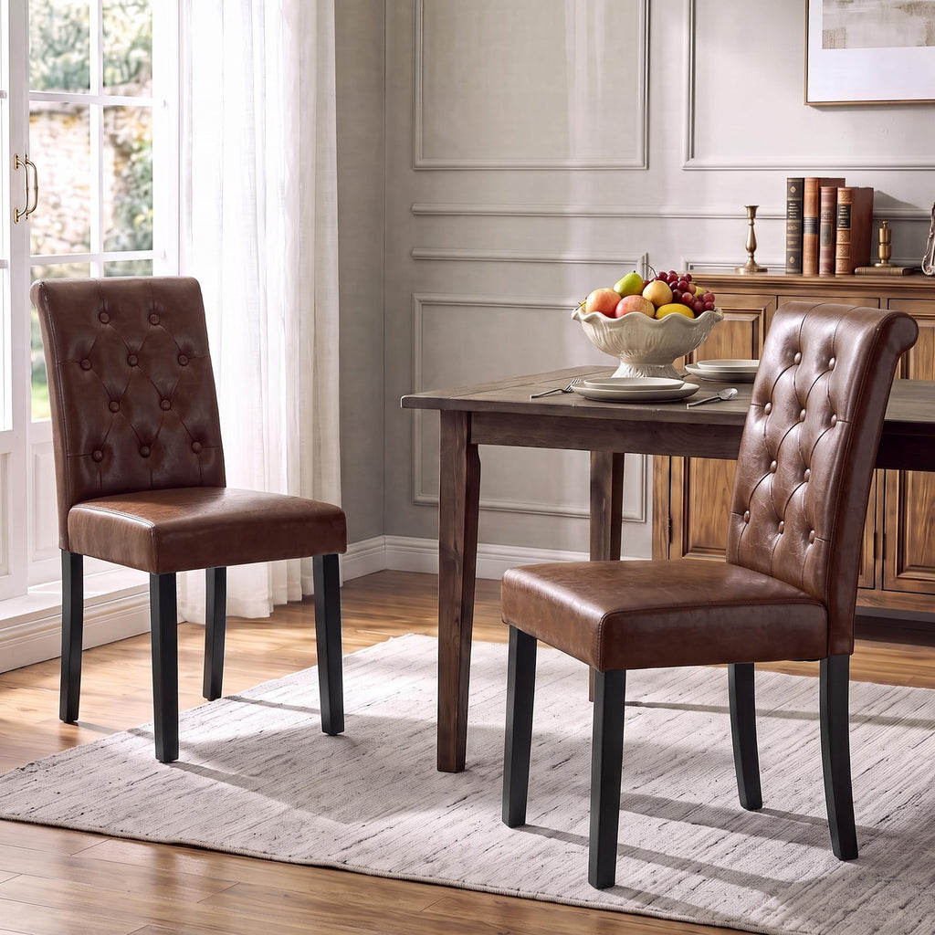 LSSPAID Dining Chairs Set of 6, Modern Armless Parsons Side Chairs, Upholstered Button-Tufted PU Leather Dining Kitchen Chairs with Solid Wood Legs, Brown
