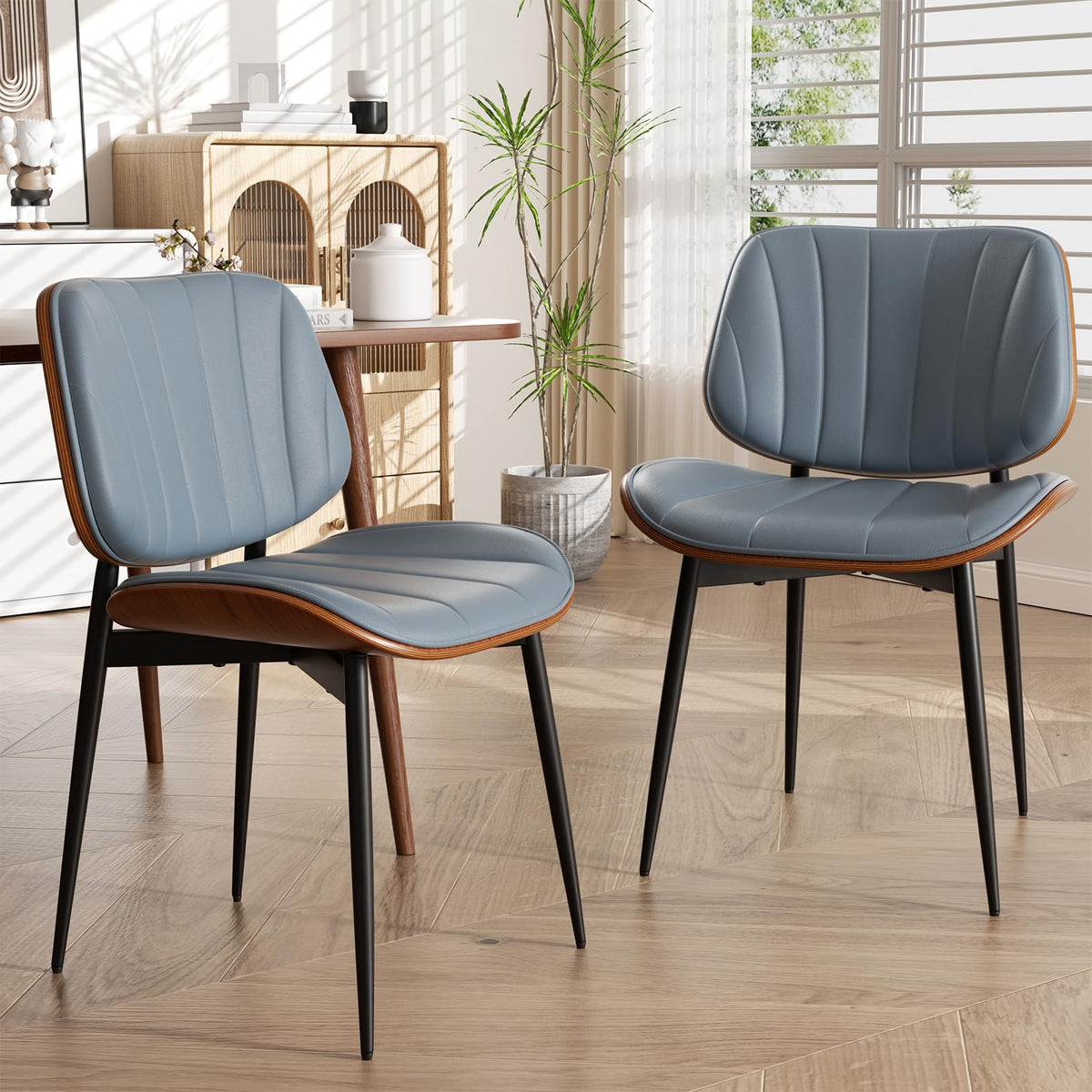 Dining Chairs Set of 2, Mid Century Modern Dining Room Chair, Upholstered Faux Leather Kitchen Chairs with Walnut Bentwood Back and Metal Legs for Kitchen Dining Room Living Room, Black