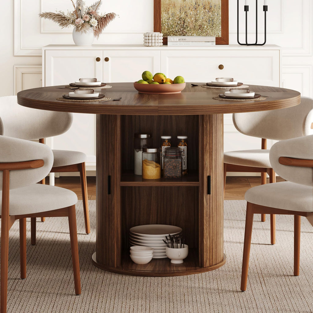 47 inch Round Dining Table for 4-6, Dinner Table with 2-Layer Storage Shelf, Morden Circle Kitchen Table with Wooden Strip Base and Wood Slide Door for Home Dining Room, Living Room, Walnut