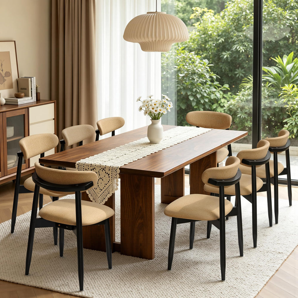 CHUN YI Dining Chairs Set of 4, Upholstered Wooden Dining Room Chairs, Mid Century Modern Fabric Kitchen Chair with Ergonomic Curved Backrest, Beige (Only Chairs)