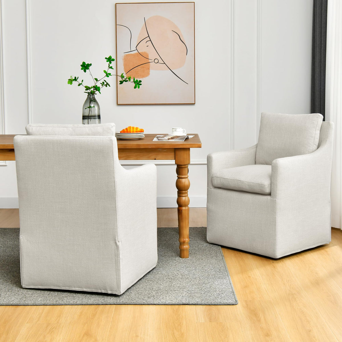 DUHOME Upholstered Dining Chairs with Casters,Linen Dining Chairs Set of 4