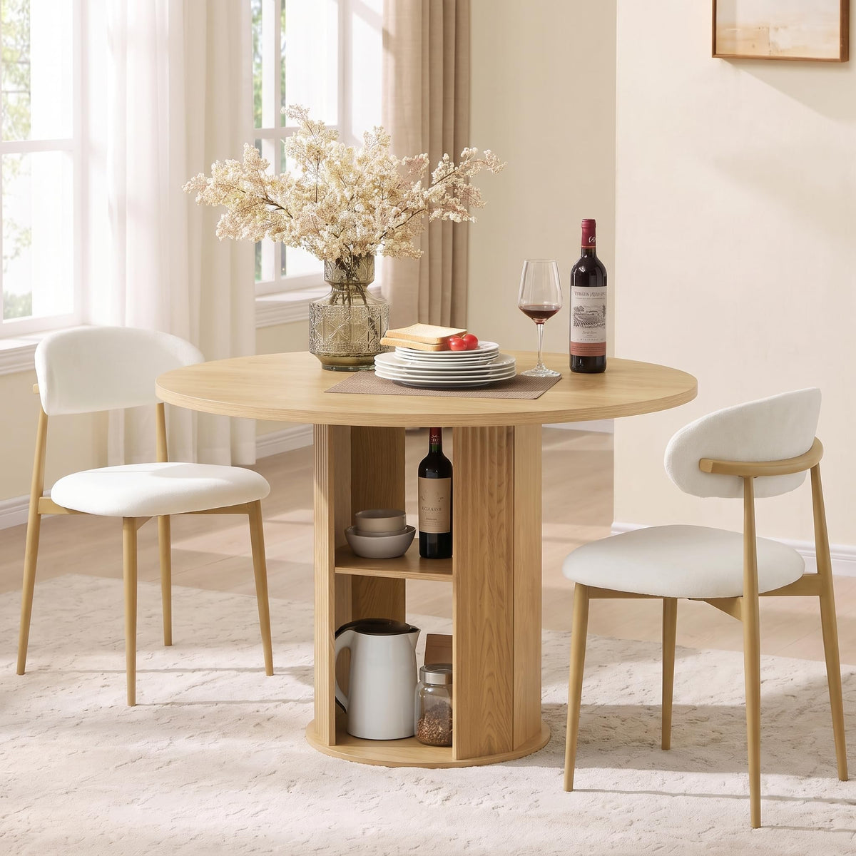 55" Fluted Round Dining Table for 4-6, Mid-Century Modern Kitchen Table with Rotating Tray, 2-Tier Storage Shelf, Wood Sliding Doors and Pedestal Base, Walnut