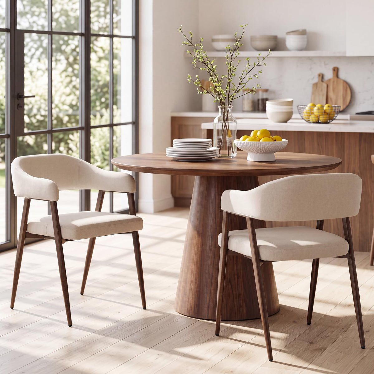HNY Modern Dining Room Arm Chairs Set of 6, Retro Faux Leather Upholstered Barrel Dining Chairs with Arms Mid-Century Brown Accent Chair with Metal Legs, Open-Back Kitchen Side Chair for Living Room