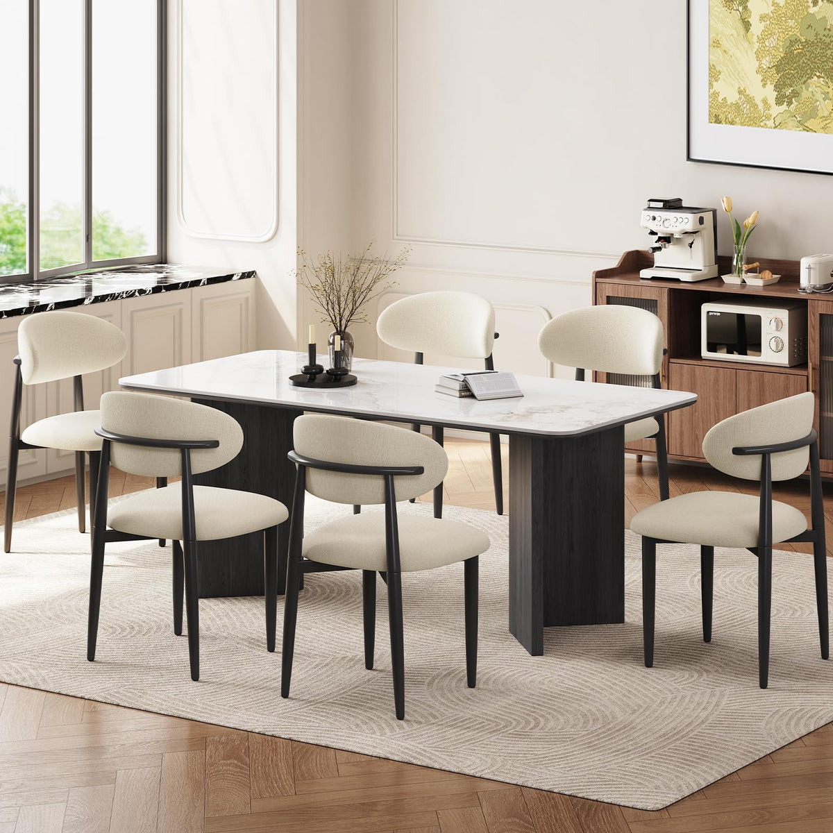 Dining Chairs, Modern Fabric Upholstered Dining Room Chair MetalKitchen Chairs, Farmhouse Dinner Chair for Kitchen Dining Room, Beige (4, Beige Seat/Wood-Grain Metal Legs)