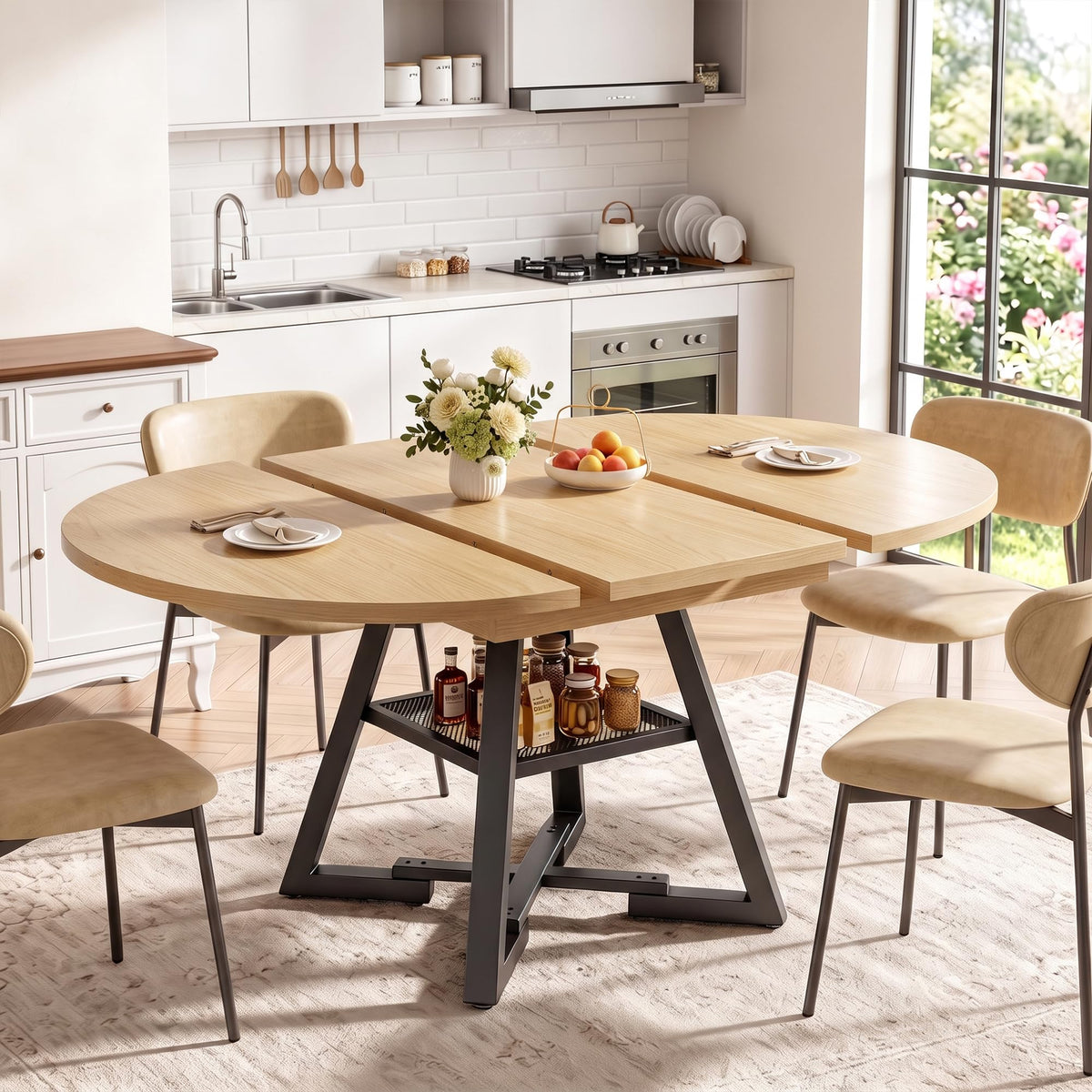 Jocoevol Extendable Round Dining Table for 4-8, Round to Oval Dining Table with Open Storage Shelf, Space Saving Expandable Kitchen Table, Modern Design for Apartments & Dining Rooms,Grey