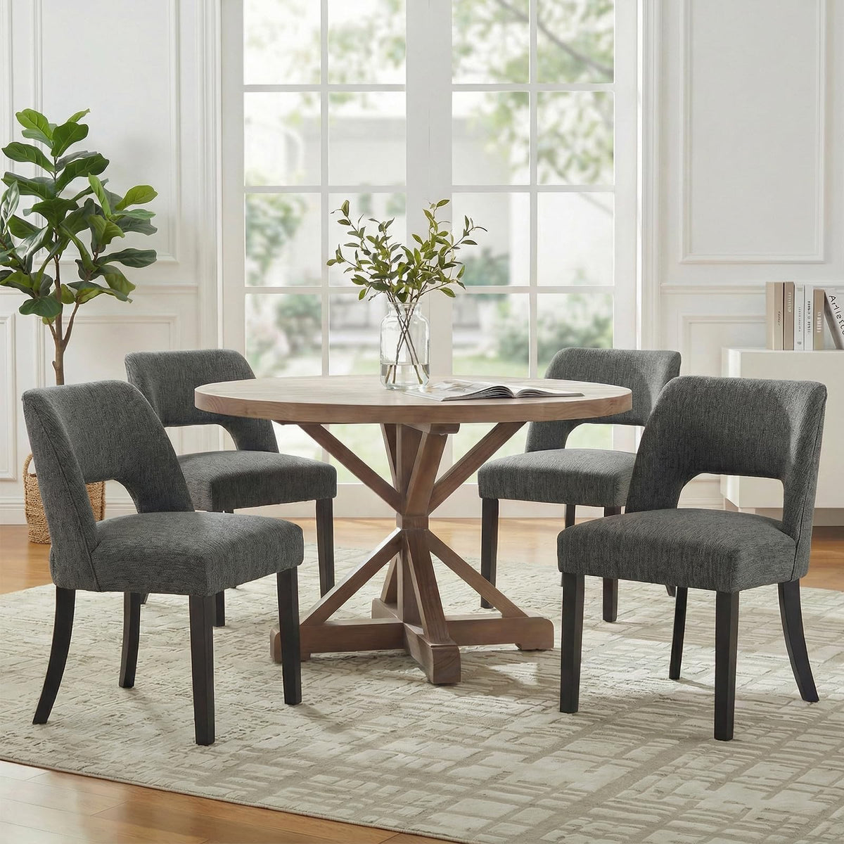 keoni Wooden Dining Chairs Set of 4 with Black Rubberwood Legs and Backrest