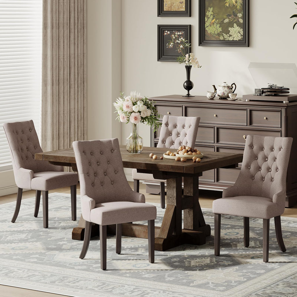 COLAMY Wingback Upholstered Dining Chairs Set of 4, Fabric Side Dining Room Chairs with Tufted Button, Living Room Chairs for Home Kitchen Resturant- Beige