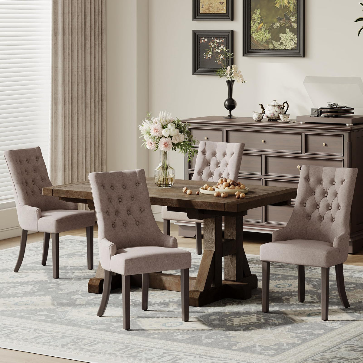 COLAMY Wingback Upholstered Dining Chairs Set of 4, Fabric Side Dining Room Chairs with Tufted Button, Living Room Chairs for Home Kitchen Resturant- Beige