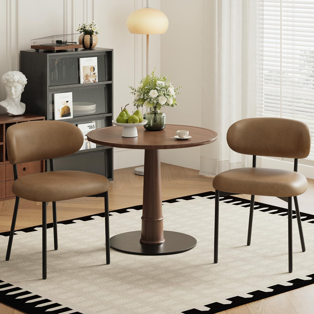 MALOL Leather Dining Chair with Armrest Set of 4, Upholstered Dining Room Chair with Curved Back and Wood Legs, Mid Century Modern Kitchen Chairs for Kitchen Dining Room,Brown
