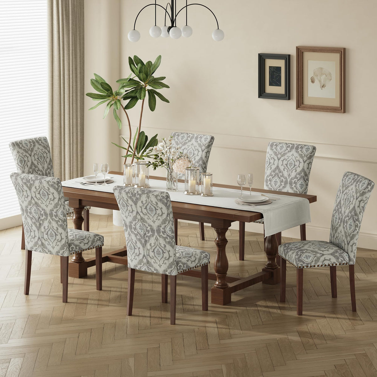 COLAMY Upholstered Parsons Dining Chairs Set of 4, Fabric Dining Room Kitchen Side Chair with Nailhead Trim and Wood Legs - Blue/White Flower