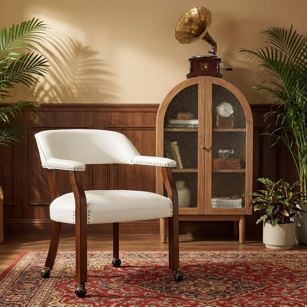LEEMTORIG Large Dining Chairs with Casters and Arms, Rolling Dining Chairs with Wheels, Accent Game Poker Chairs, Wood Boss Caption's Chairs, 26“Dx25.2 Wx31.5“H, Cherry Legs & Ivory PU, SY-1533-WT