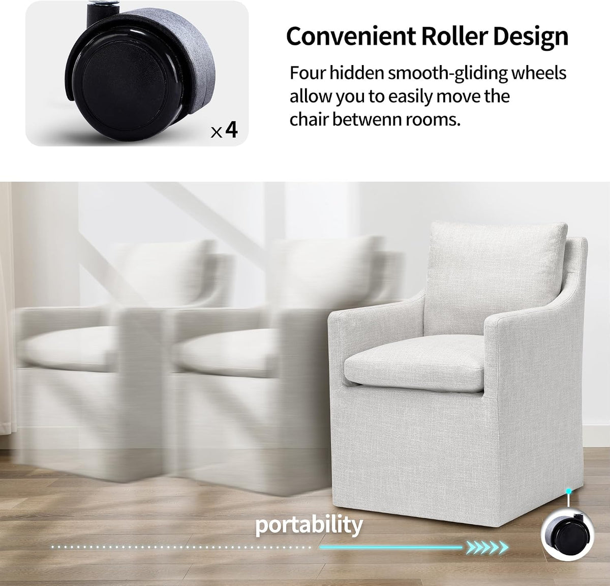 DUHOME Upholstered Dining Chairs with Casters,Linen Dining Chairs Set of 4