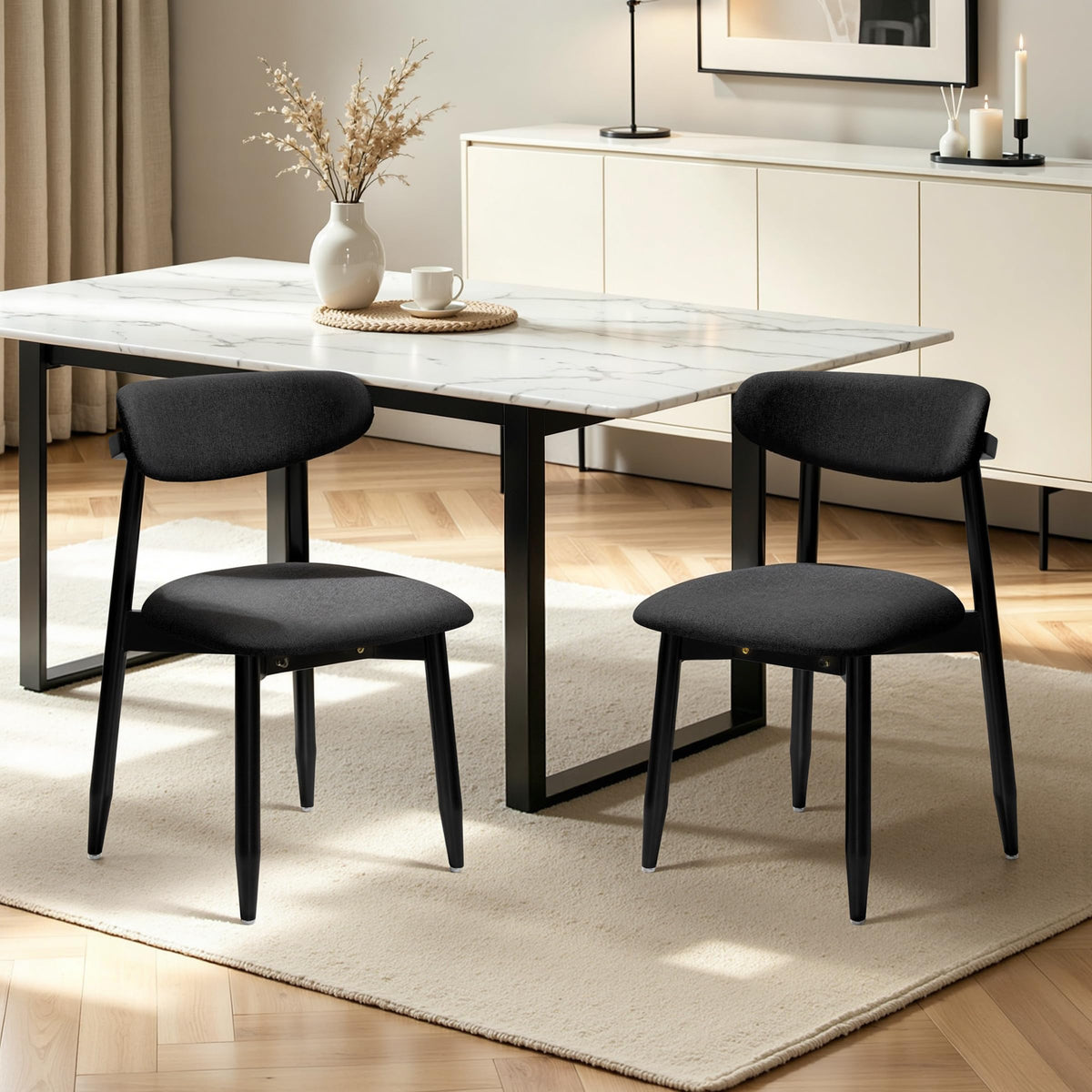 CHUN YI Dining Chairs Set of 4, Upholstered Wooden Dining Room Chairs, Mid Century Modern Fabric Kitchen Chair with Ergonomic Curved Backrest, Beige (Only Chairs)