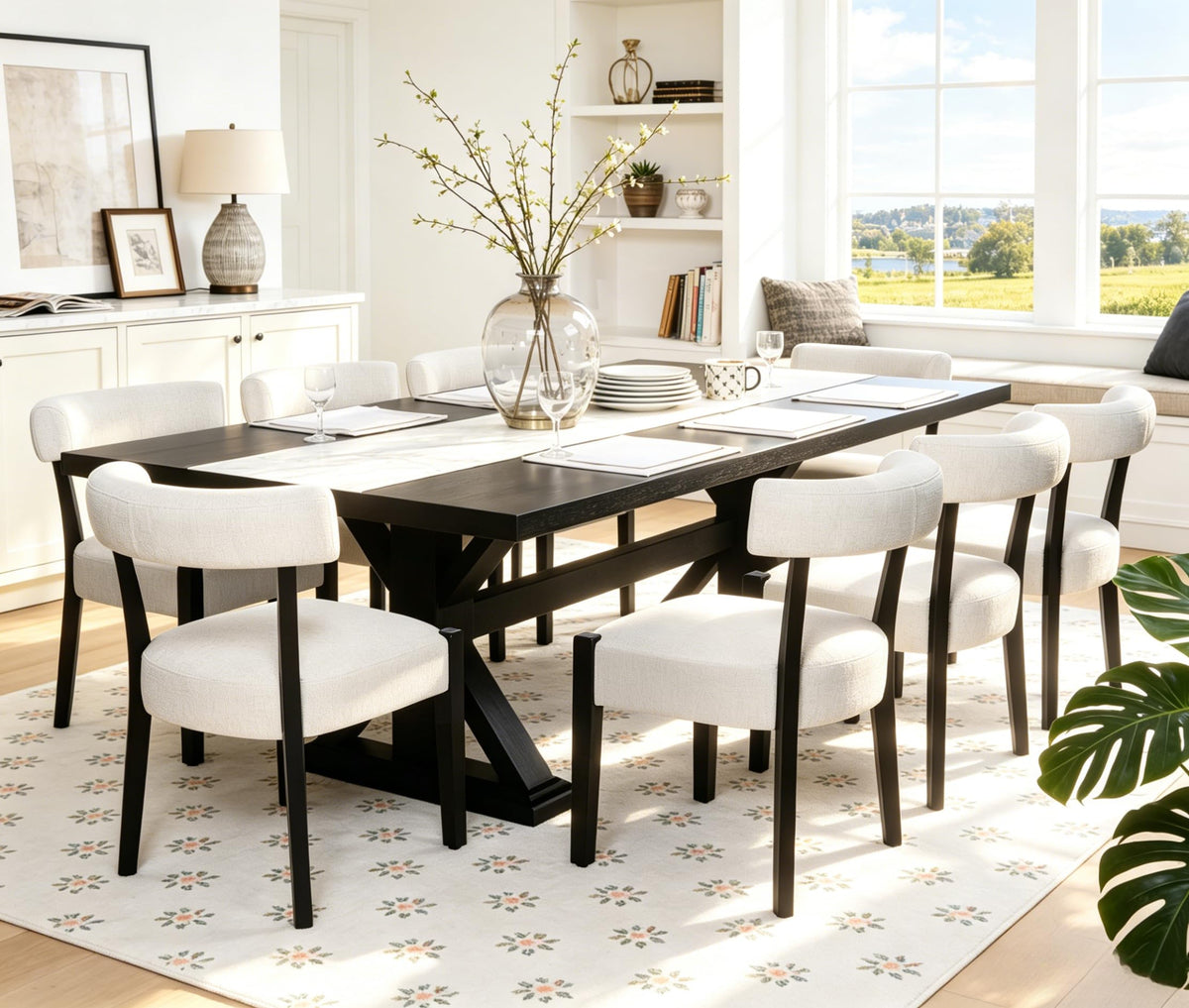RNKSFX Modern Dining Chairs Set of 4, Faux Leather Upholstered Kitchen & Dining Room Chairs, Mid Century Modern Wooden Dining Chairs Oversized Sturdy Rounded Chairs Curved Back, Beige