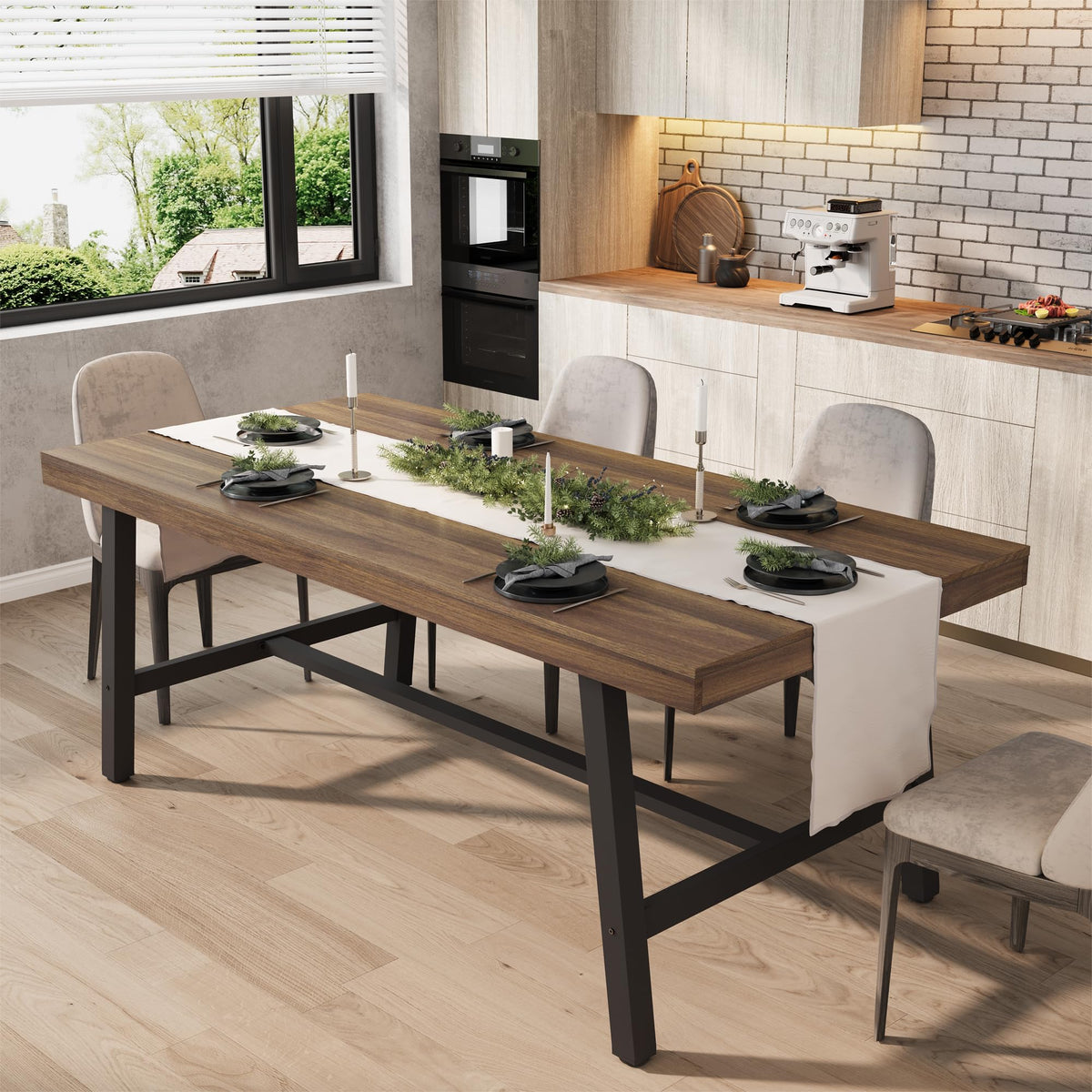 Garvee 71" Farmhouse Dining Table, Rustic Kitchen Table, Brown