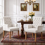 WUTUTUEE Fabric Dining Chair with Arms, Upholstered Tufted High Back Dining Room Chairs, Accent Armchair with Solid Wood Leg and Nailhead Trim, Kitchen Dining Living Room, Beige