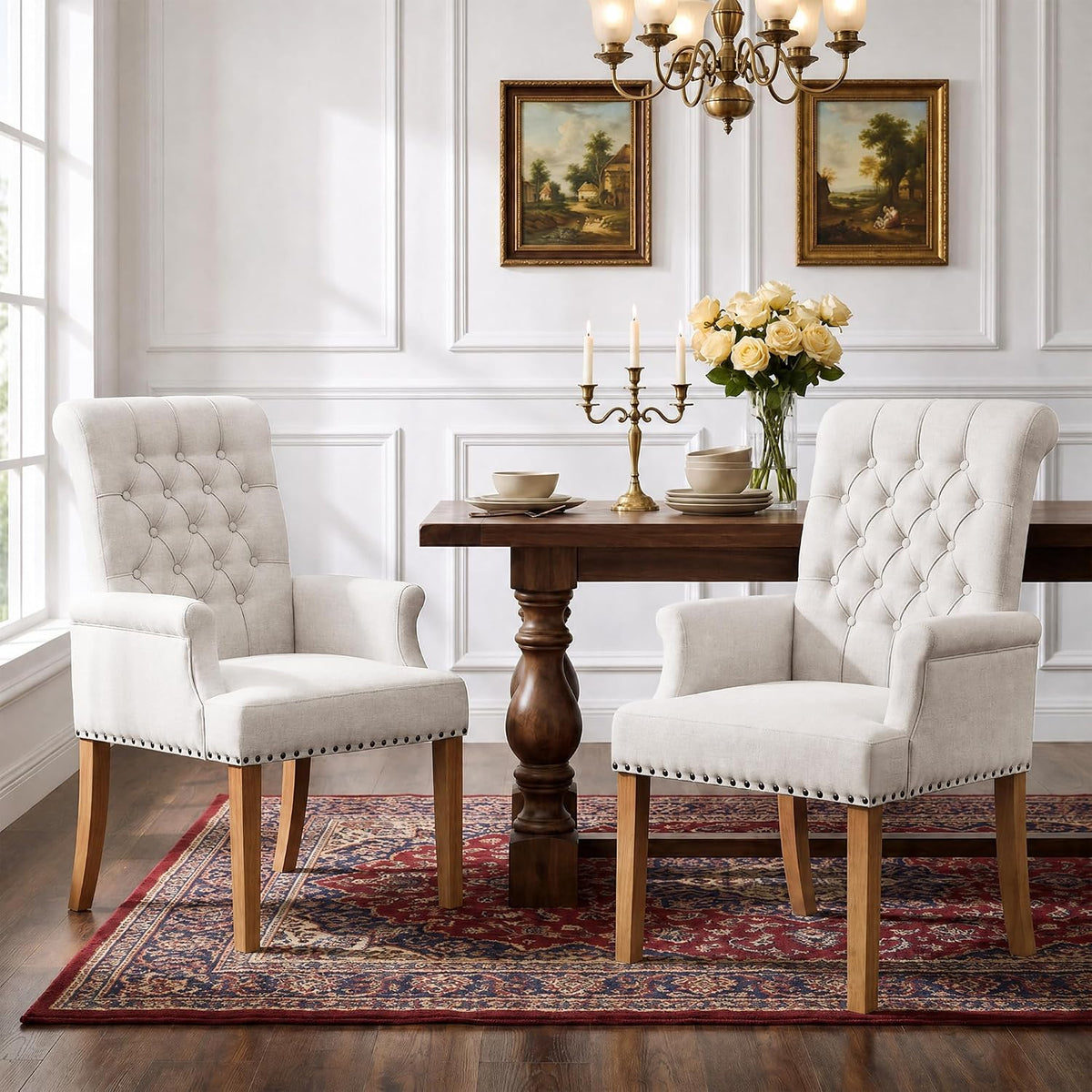 WUTUTUEE Fabric Dining Chair with Arms, Upholstered Tufted High Back Dining Room Chairs, Accent Armchair with Solid Wood Leg and Nailhead Trim, Kitchen Dining Living Room, Beige