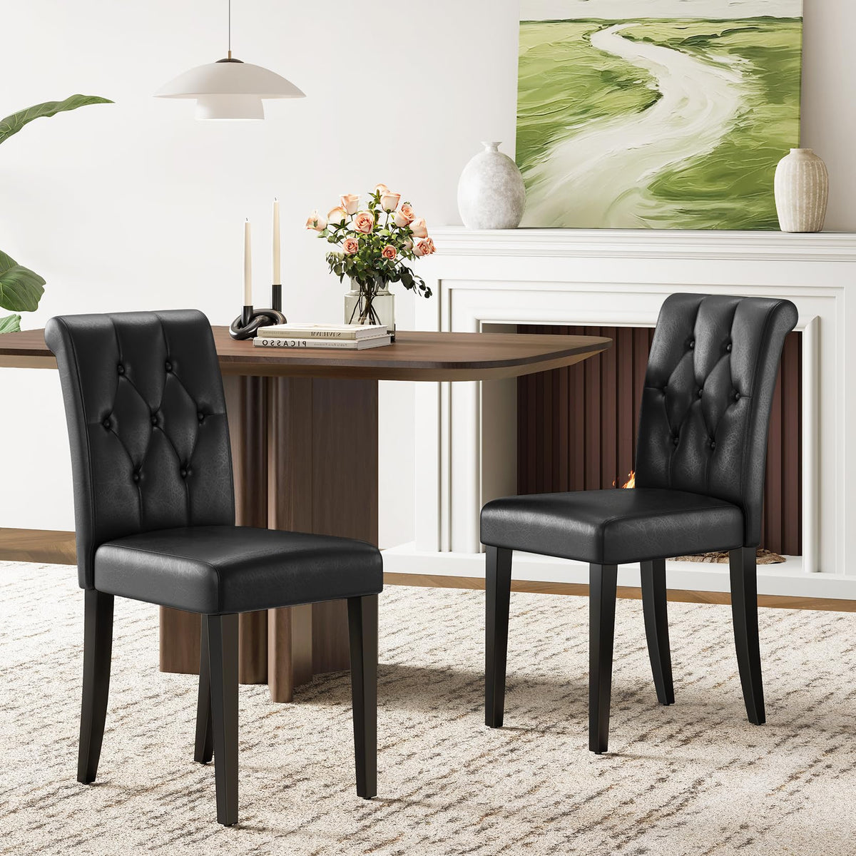 Welzona Upholstered Dining Chairs Set of 4, Button Tufted Parsons Dining Chair with Solid Wood Legs, Modern Fabric Side Chair for Dining Room/Kitchen/Restaurant/Hotel- Black