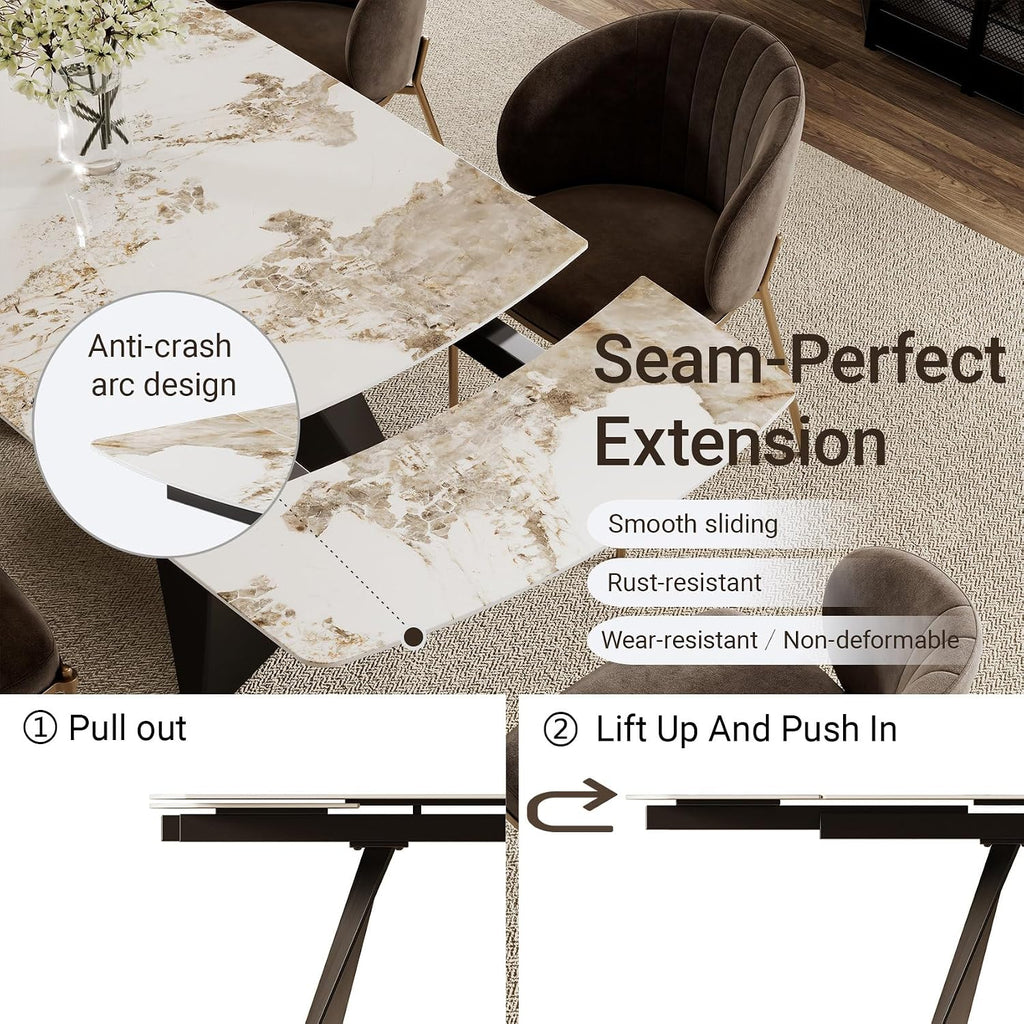 Extendable Dining Table with Leaf, 78"-110" Rectangular Sintered Stone, Marble-Look Top, Seats 6-14, Metal Base, Easy-Clean, Heat & Scratch Resistant, Dining Room/Kitchen Table for Family Gatherings