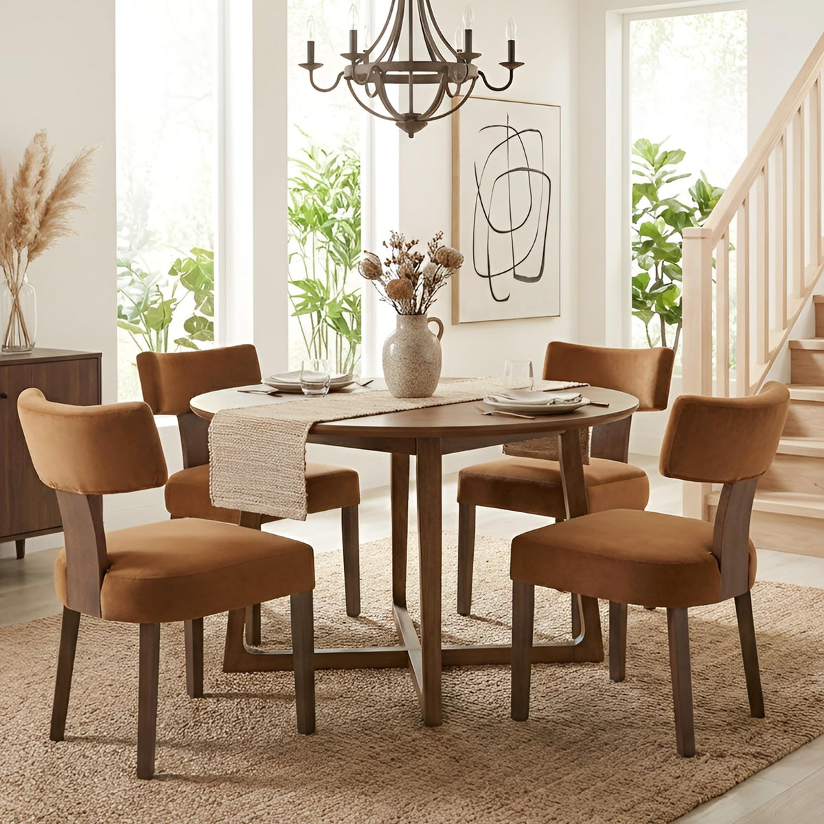 HNY Mid Century Modern Dining Chairs Set of 4, Upholstered Linen Kitchen & Dining Room Chairs with Ergonomic Curved Backrest, Solid Wood Legs, Farmhouse Accent Chair for Home, Apartment, Beige