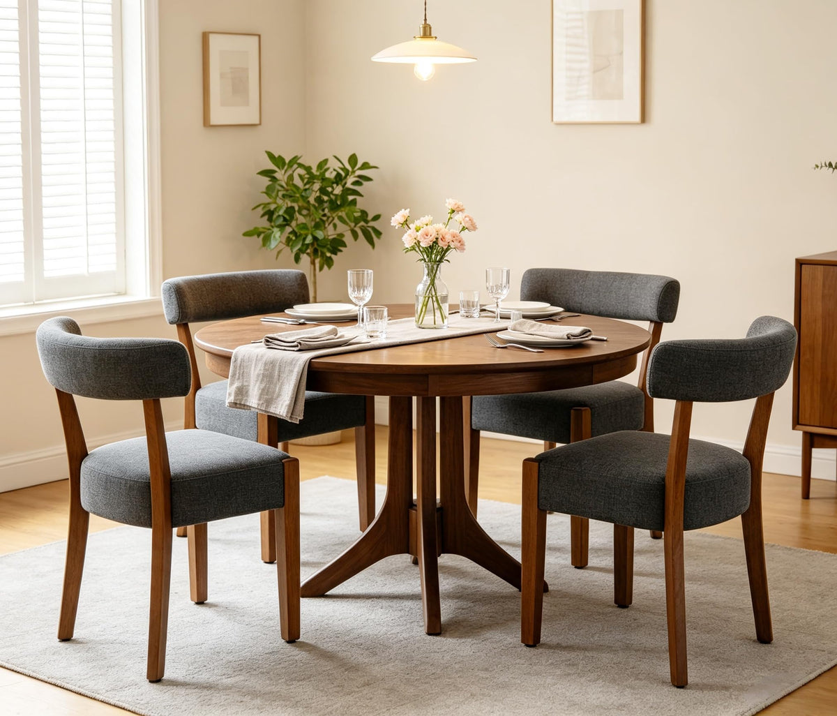 RNKSFX Modern Dining Chairs Set of 4, Faux Leather Upholstered Kitchen & Dining Room Chairs, Mid Century Modern Wooden Dining Chairs Oversized Sturdy Rounded Chairs Curved Back, Beige