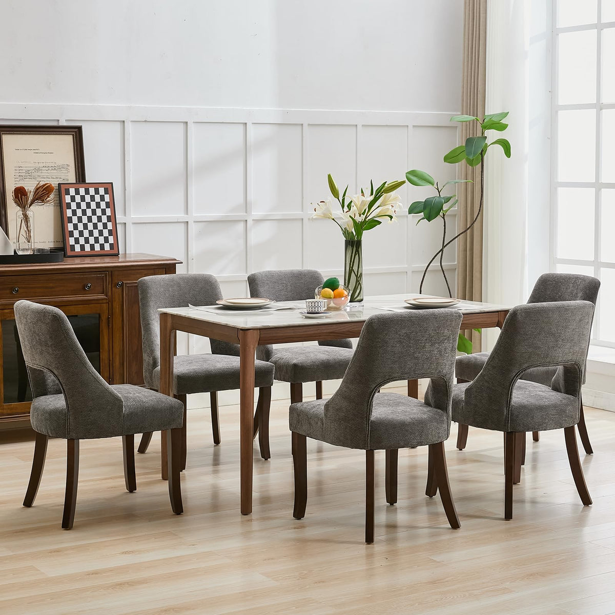 UVV Wooden Dining Chairs Set of 2, Mid Century Modern Chenille Upholstered Dining Room Chair Kitchen Chairs, Farmhouse Dinner Chair with Solid Wood Legs for Kitchen Dining Room, Green