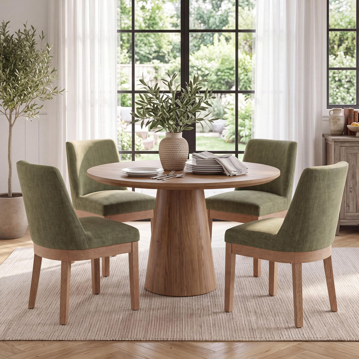 HNY Modern Dining Chairs Set of 6 with Comfortable Back Support, Farmhouse Soft Linen Upholstered Kitchen Dining Room Chairs with Solid Wood Legs, Armless Accent Side Chairs for Living Room, Beige