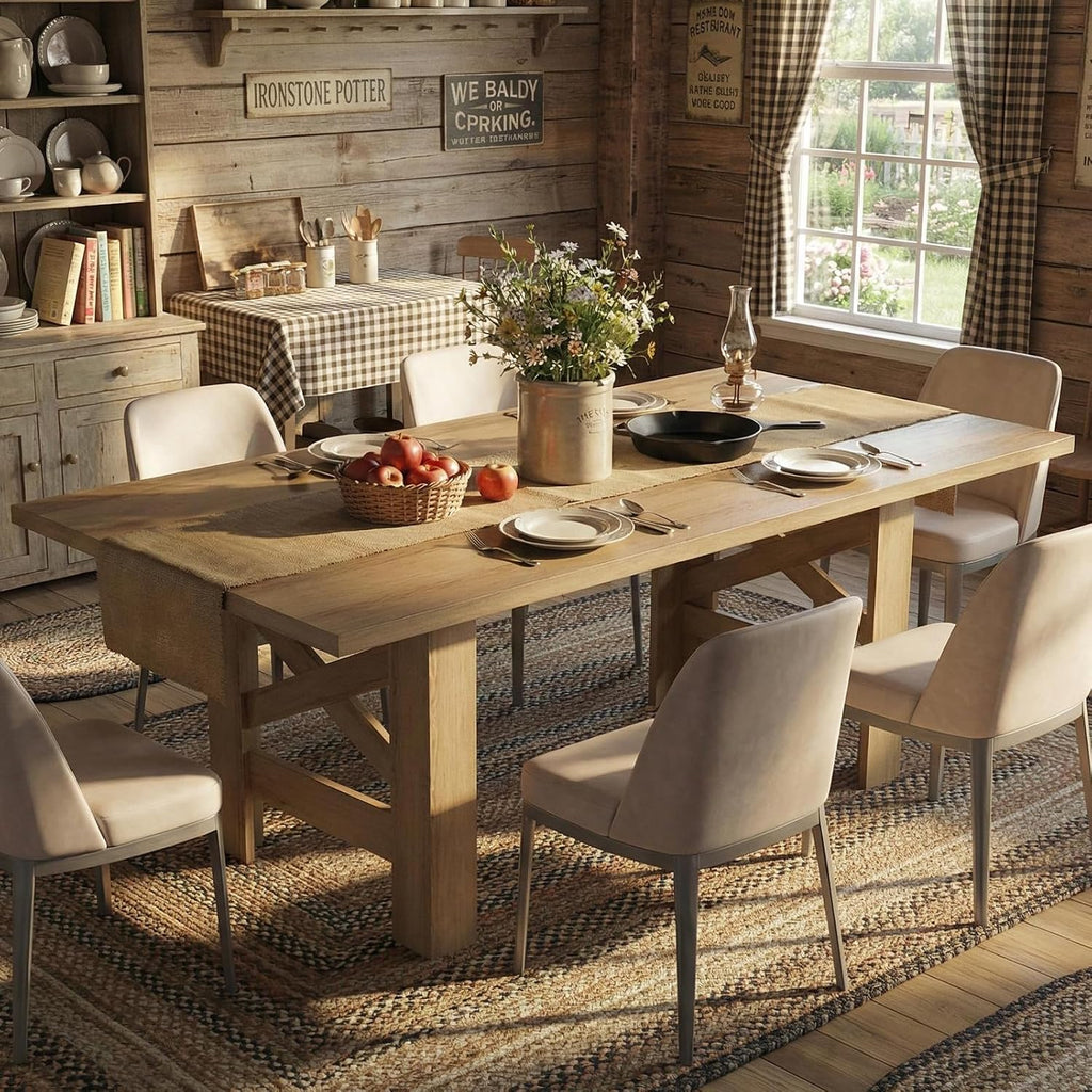 71" Farmhouse Dining Table for 6-8 Person, Large Rectangular Wood Dining Room Table Only, Rock-Strong Thick Base & Heavy Duty Triangular Legs for Kitchen, Office & Restaurant, Natural Wood