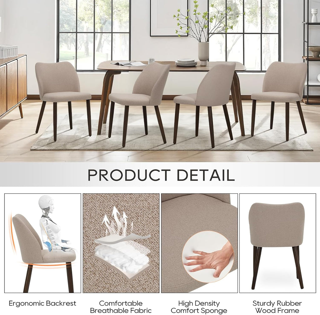 MALOL Dining Chairs Set of 6, Upholstered Fabric Kitchen Chairs with Curved Back, Padded Seat and Solid Wood Legs, Modern Dining Chair for Kitchen Dining Room, Camel